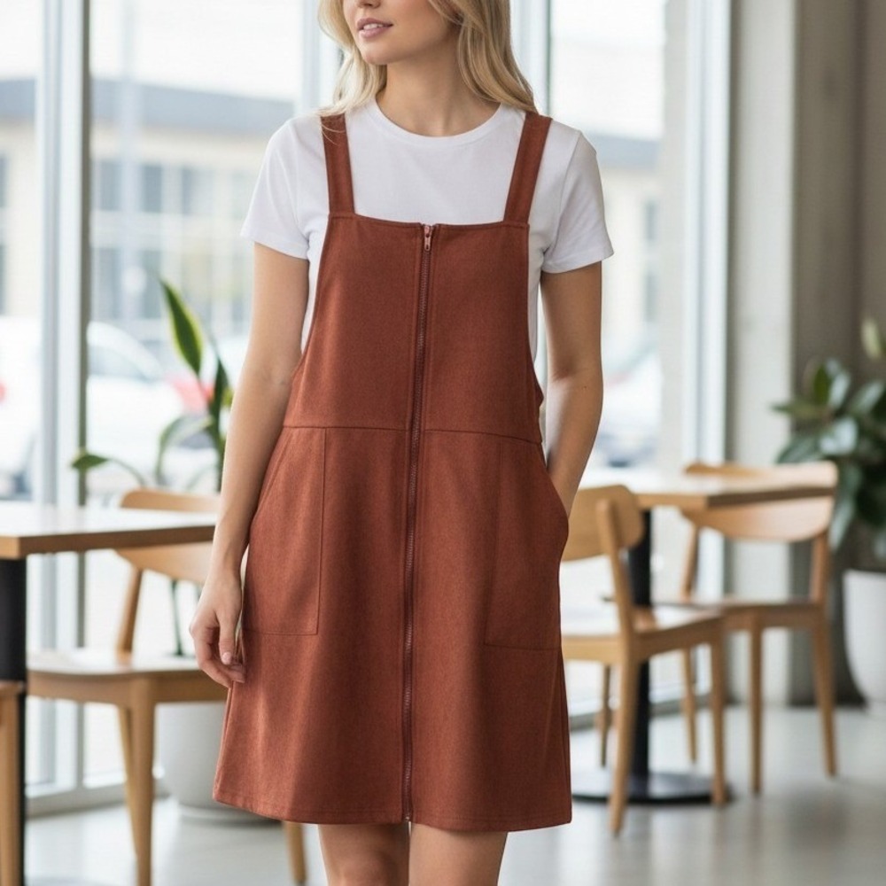 Cupshe Rust Brown Faux Suede Zip Front Pinafore Dress Overall Mini M
